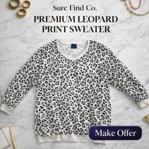 Basic Edition Womens XL Gray Black White Leopard Print V Neck 3/4 Sleeve Sweater